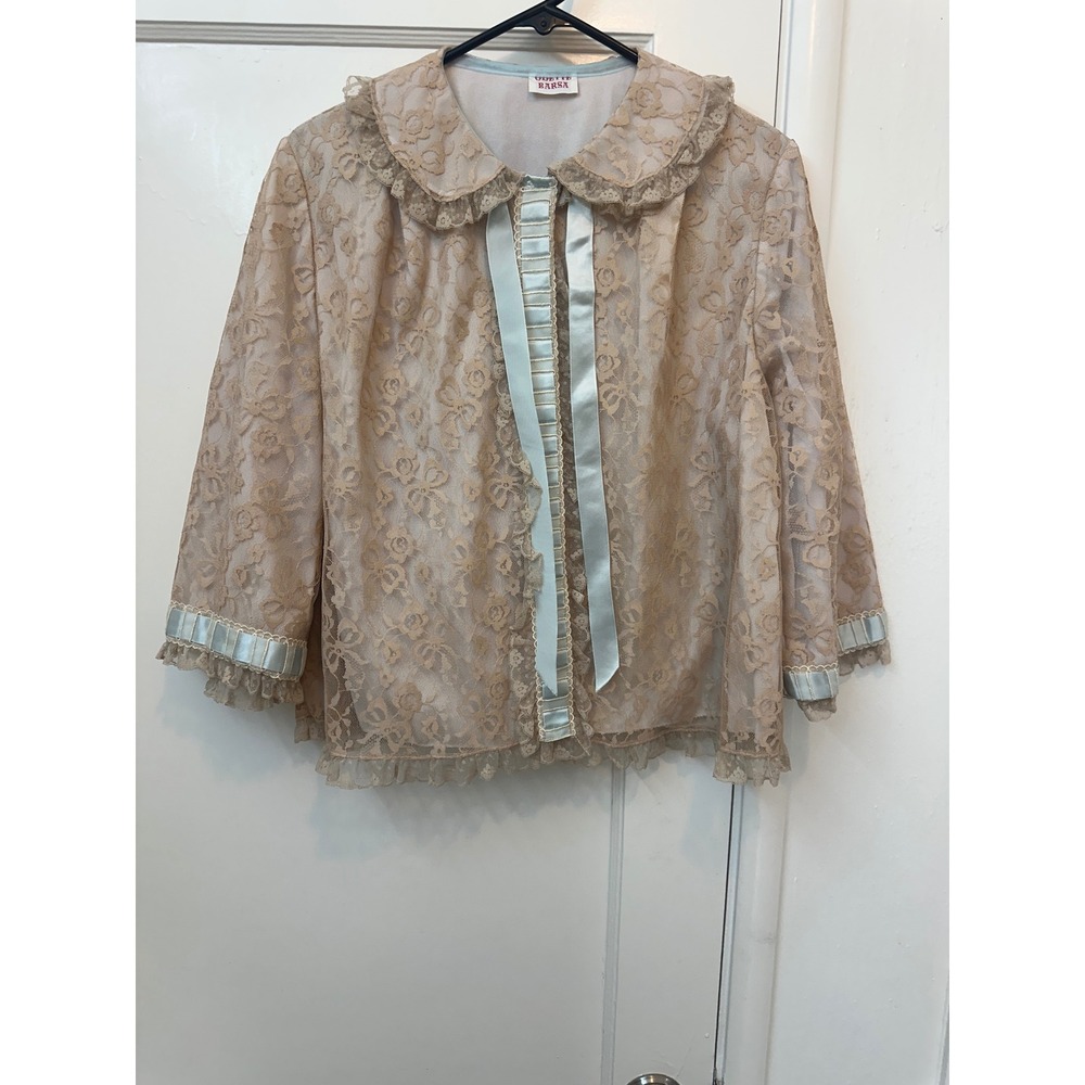 Vintage Odette Barsa Lace Bed Jacket Beige Blue Ribbon Ruffle Peter Pan Collar